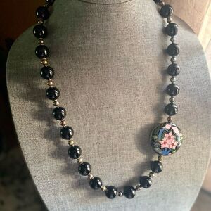 Vintage Cloisonné Black Onyx & Pearl Necklace